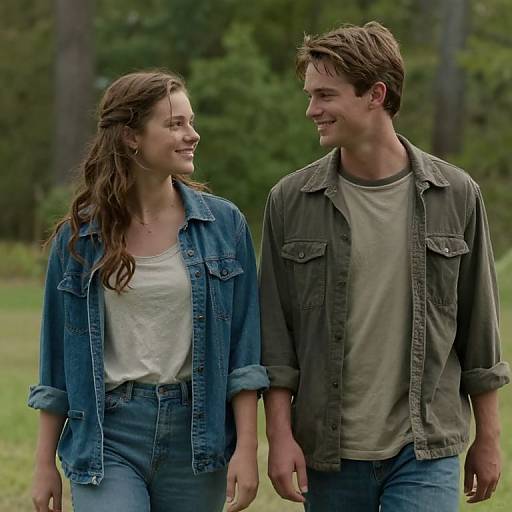 Photograph of a smiling couple walking outdoors; woman in denim jacket and white shirt, man in olive green shirt and jacket.