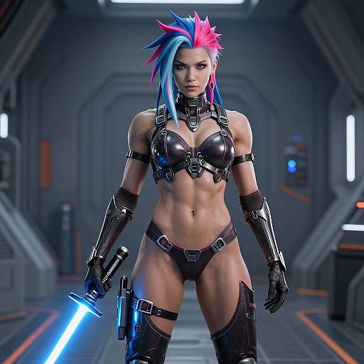 CGI image of a muscular, fair-skinned woman with blue and pink spiky hair, wearing black leather armor and holding a glowing blue sword in