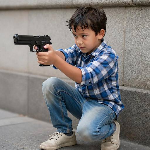 Young Boy Aiming Black Handgun