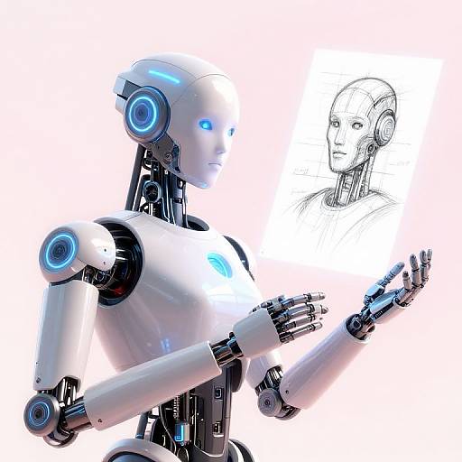 CGI image of a white, futuristic robot with blue glowing eyes and joints, holding out its hand, beside a black-and-white sketch of a human