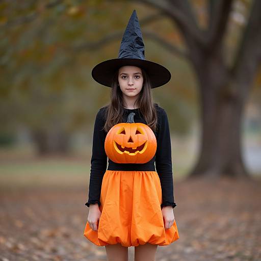 Young girl in black witch hat and long-sleeve top, orange skirt with carved pumpkin chest, standing in autumn park. Photograph.