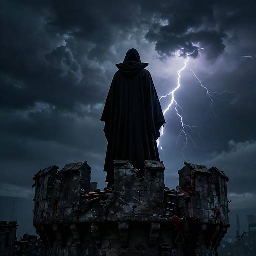 Silhouetted figure in a long cloak stands on ruined buildings, illuminated by a bright, jagged lightning bolt in a dark, stormy sky