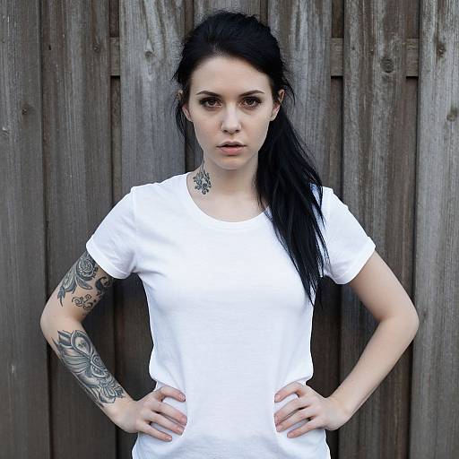Photograph of a pale-skinned, black-haired woman with tattoos, wearing a white t-shirt, standing against a wooden fence with hands on hips.