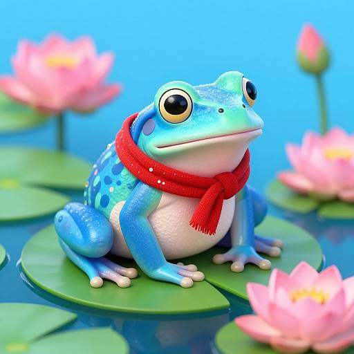 CGI image of a blue frog with large eyes, wearing a red scarf, sitting on a lily pad surrounded by pink lotus flowers, against