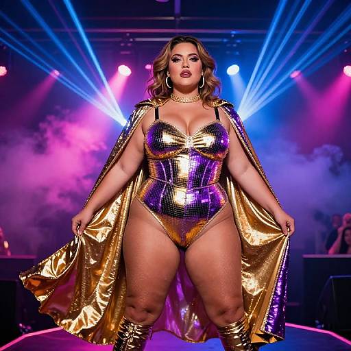 Photograph of a curvy, plus-sized woman with wavy brown hair, wearing a shiny gold and purple metallic bodysuit and cape, standing