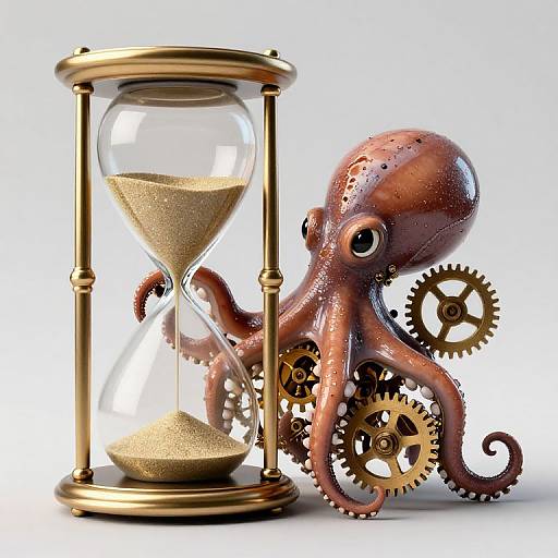 Photorealistic CGI of a shiny brown octopus with gears on its arms, next to a golden hourglass with brass columns.