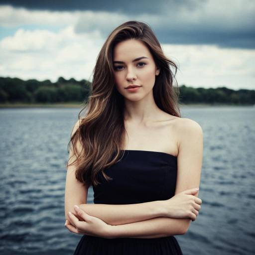 Young Woman in Black Strapless Dress by the Water