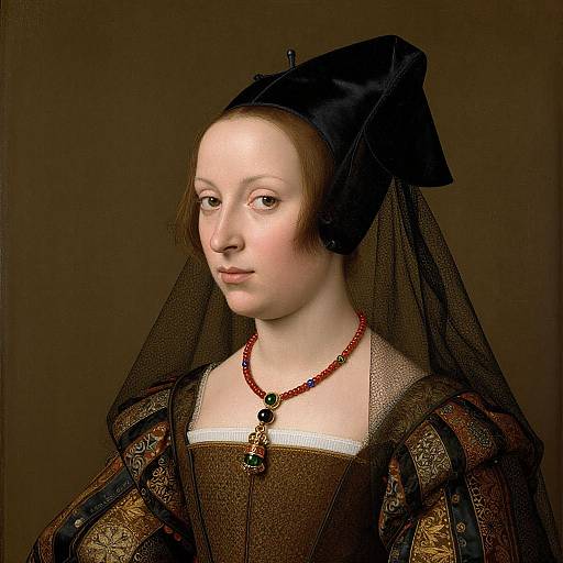 Renaissance-style portrait of a pale-skinned woman with short brown hair, black headdress, brown dress, and red bead necklace, against dark