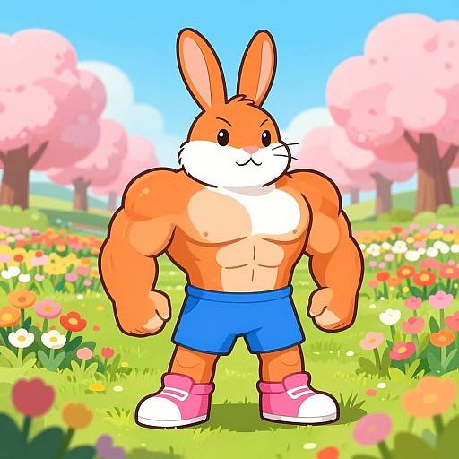 Cartoon-style image of a muscular anthropomorphic orange rabbit with blue shorts and pink sneakers, standing in a colorful flower field with pink cherry blossom trees under