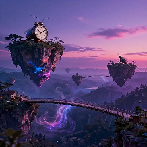 Digital fantasy artwork: Floating clock island with trees, neon lights, and surreal sky at dusk; arched bridge below, glowing vortex below.