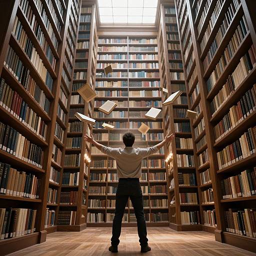 Photograph of a man with dark hair and white shirt, standing in a towering library, arms outstretched, books flying from shelves.