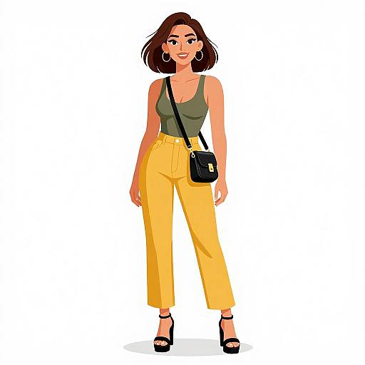 Digital illustration of a confident woman with short brown hair, wearing a green tank top, yellow high-waisted pants, black crossbody bag, and