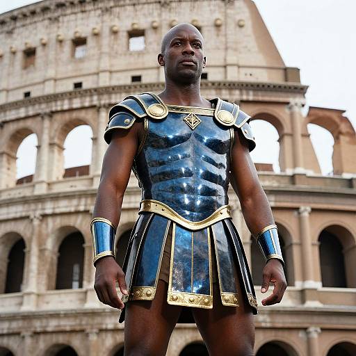 Photograph of a muscular Black man in shiny blue and gold gladiator armor standing in front of the Colosseum.
