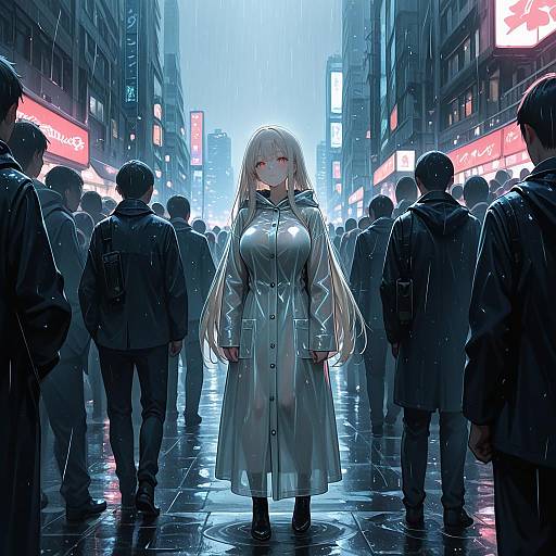 Blonde Woman in Raincoat on Rainy City Street