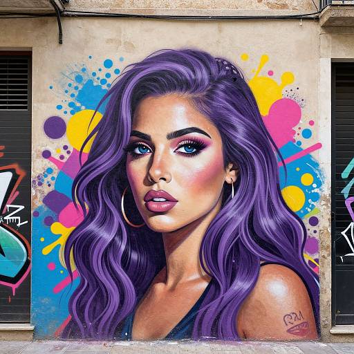 Vibrant digital portrait of a woman with long, wavy purple hair, bold makeup, hoop earrings, and a tattoo, set against a colorful