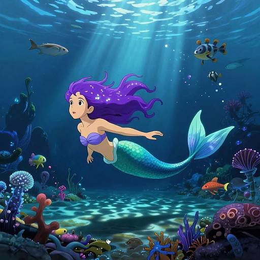 Colorful digital illustration of a purple-haired mermaid with a turquoise tail, swimming underwater among vibrant corals, fish, and sunbeams.