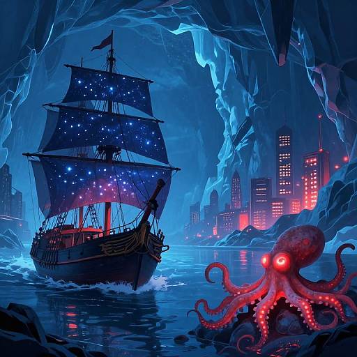 Digital illustration: A glowing blue sea ship with lit sails navigates an icy cave, illuminated by city lights in the background. A bioluminescent