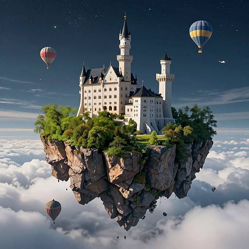 Fantasy CGI image of a floating, fairy-tale castle with towers, surrounded by lush greenery, above a cloud-covered sky with colorful hot air