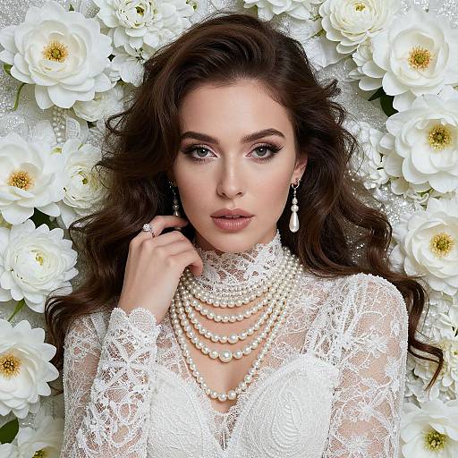 Photograph of a beautiful woman with long, wavy brown hair, wearing a lace white top, multiple pearl necklaces, and teardrop earrings
