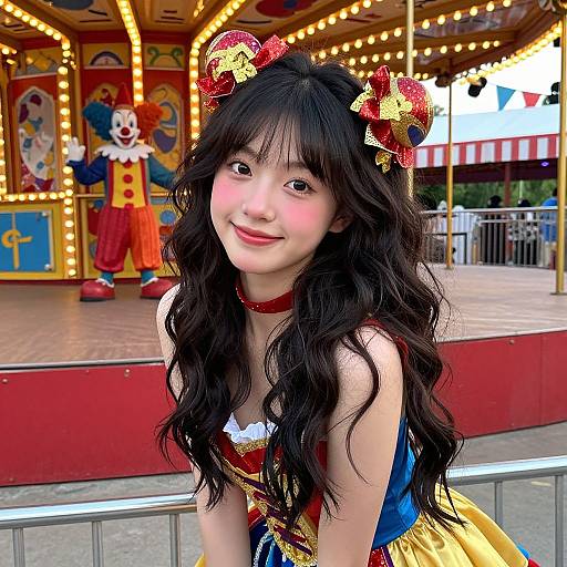 Photograph of an Asian woman with long black wavy hair, wearing a colorful Cinderella-inspired costume and red bow headband, smiling in front of