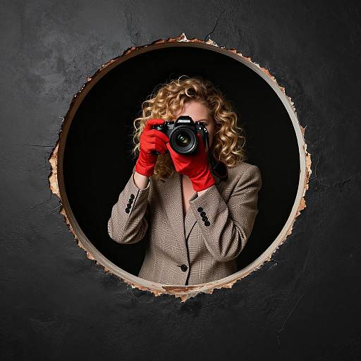 Curly Blonde Woman with Camera in Suit