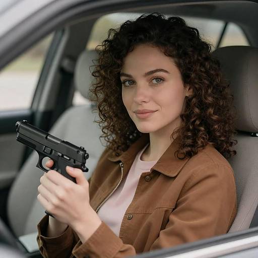 Confident Woman with Handgun in Car