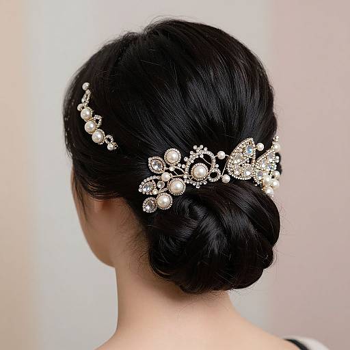 Photograph of an Asian woman with black hair in an elegant bun, adorned with a sparkling, silver tiara-style hairpiece featuring pearls and intricate designs