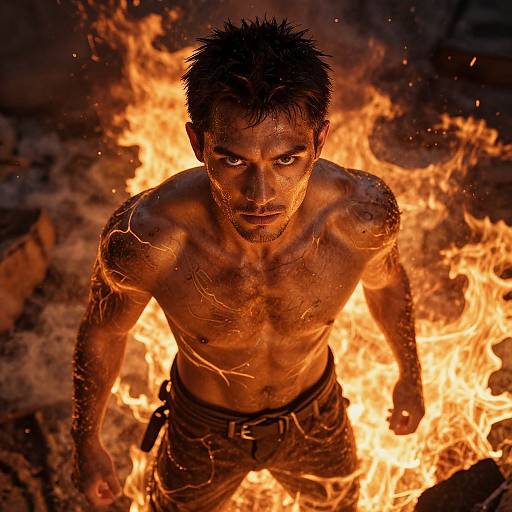 Determined Man Amid Fiery Inferno