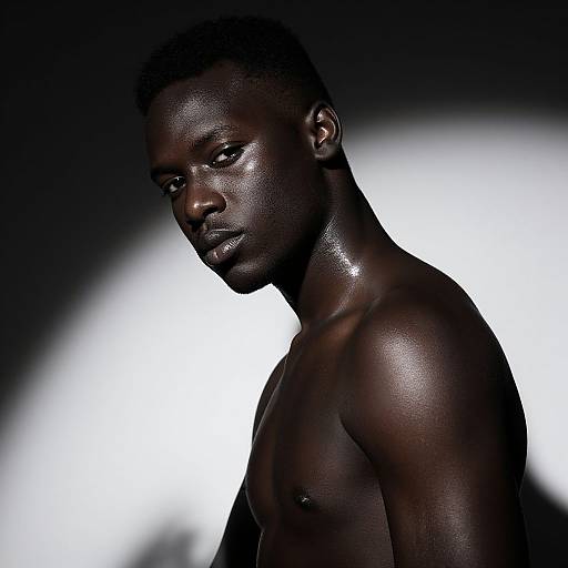 Photograph of a muscular, shirtless Black man with glistening dark skin, turned slightly to the side, against a stark white and black background.