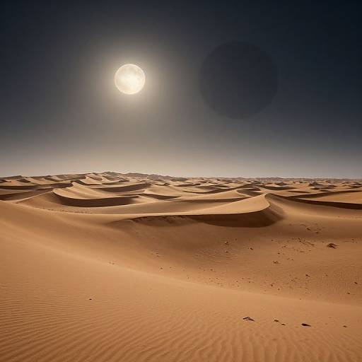 Photograph of a sunlit, desert landscape with rippled sand dunes under a clear, dark blue sky and bright, full sun.