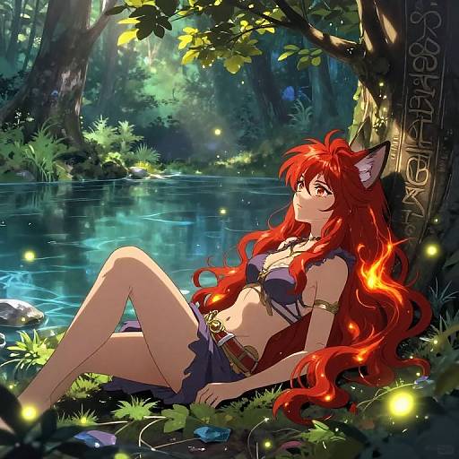 Anime-style digital artwork of a red-haired, cat-eared woman in a blue bikini, reclining by a glowing forest stream, surrounded by fireflies