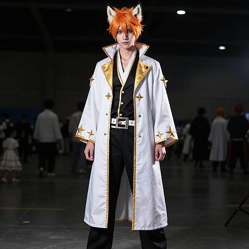 Photograph of a male cosplayer with orange fox ears, white gold-trimmed coat, black pants, and black vest, standing on a dark