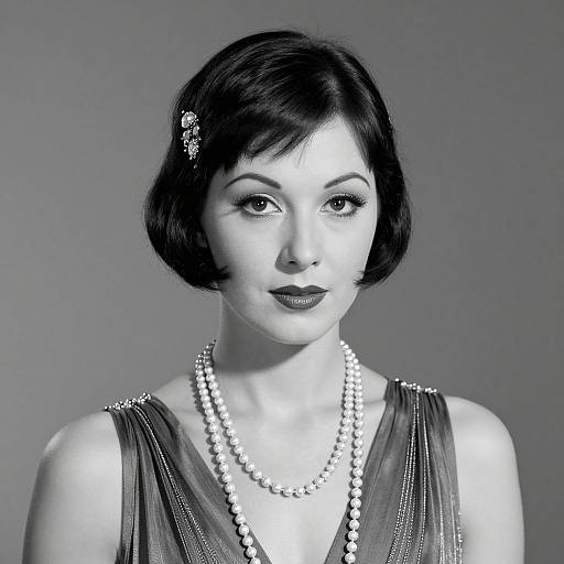 Black-and-white photograph of a short-haired woman with dark lipstick, pearl necklace, and sparkling hair clip, wearing a sleeveless, textured dress.