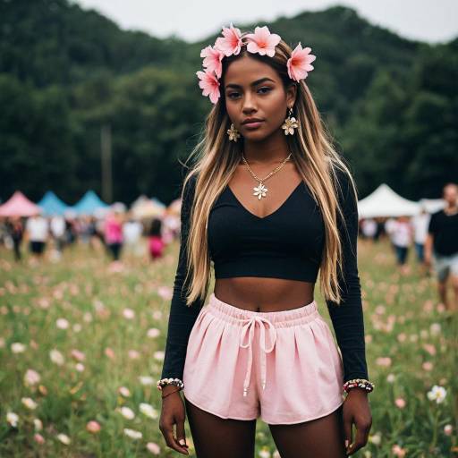 Dark-Skinned Woman with Pink Festival Outfit and Flowers