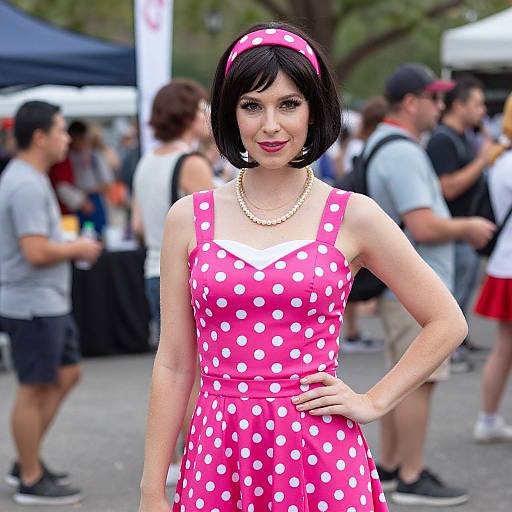 Photograph of a fair-skinned woman with a black bob, pink polka dot dress, pearl necklace, and pink headband, standing confidently in