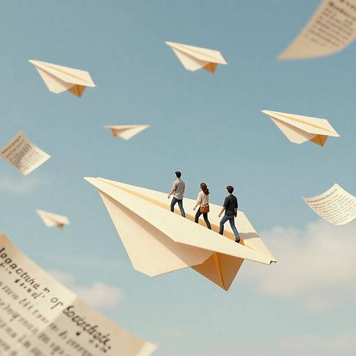 Photograph of two miniature businesspeople, one male, one female, standing on a white paper airplane, amidst floating paper documents, against a bright blue