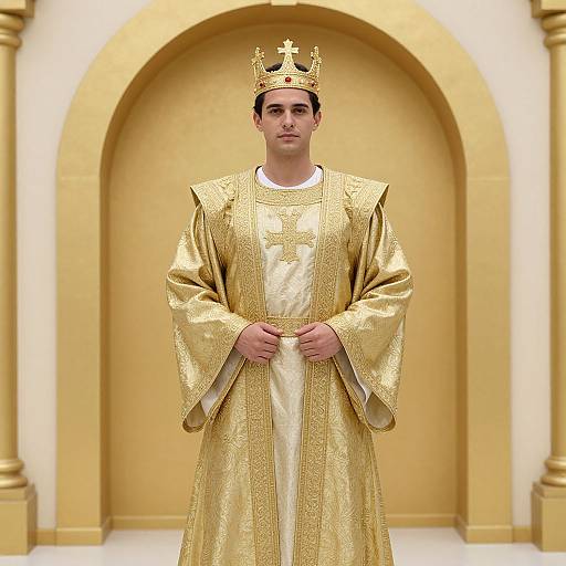Photograph of a young man in a golden bishop's robe and crown, standing in a golden, arched, ornate background.