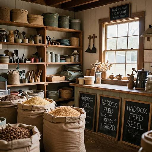 Photograph of a rustic kitchen with wooden shelves, baskets, and sacks of beans and seeds labeled 