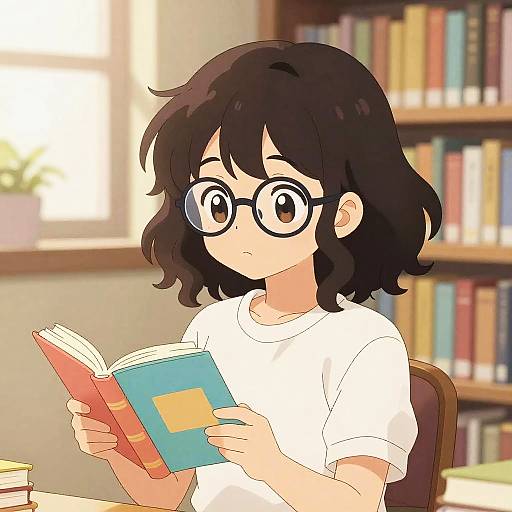 Anime-style digital drawing of a young girl with black wavy hair, glasses, white shirt, reading a colorful book in a sunlit library.