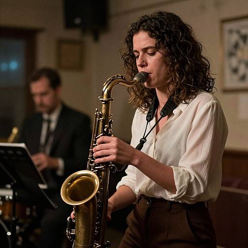 Photograph of a curly-haired woman in a white blouse playing a brass saxophone on stage, with a blurred male pianist in the background. Warm