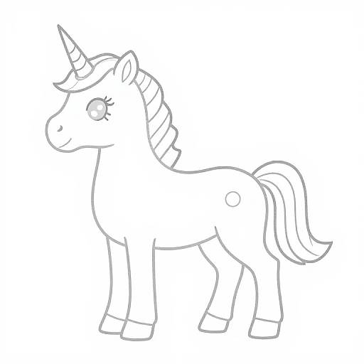 Black and white digital line drawing of a cute, cartoon-style unicorn with a curved horn, striped mane and tail, and a single circular mark on its