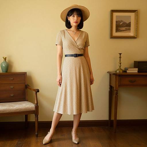 Photograph of an Asian woman in a beige, short-sleeved, polka-dot dress and straw hat, standing in a warmly lit room with