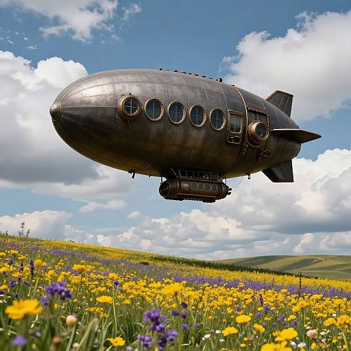 Photograph of a vintage, dark metallic airship hovering above a vibrant field of yellow and purple wildflowers under a bright blue sky with fluffy white clouds