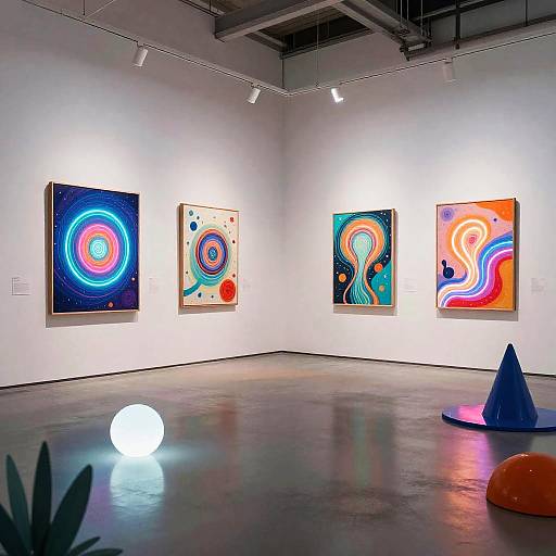 Photograph of a modern art gallery with four brightly colored, abstract paintings on white walls, illuminated by spotlights, and a glowing orb on the floor