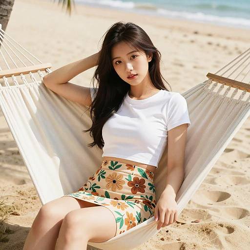 Asian woman with long black hair, wearing white crop top and floral skirt, sits in white beach hammock on sandy shore.