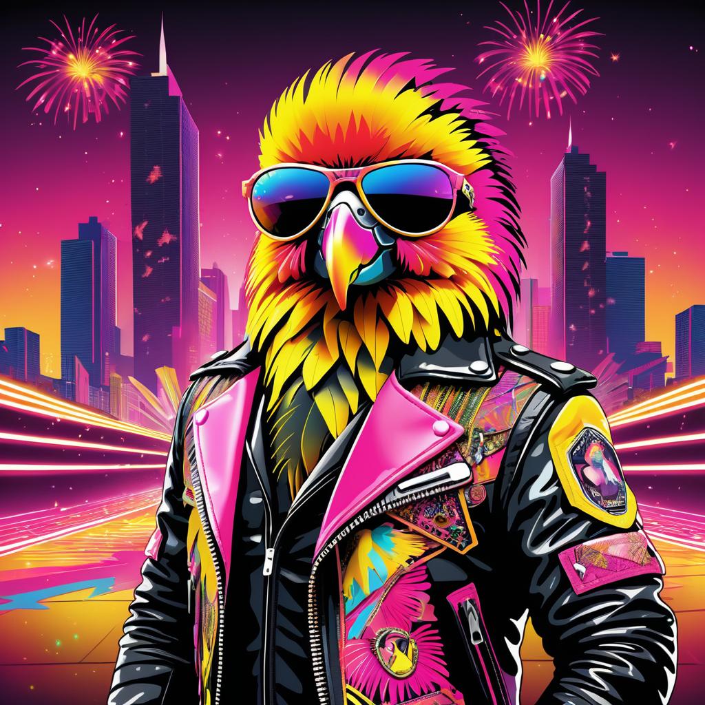 Rock Star Parrot in Vibrant Cityscape