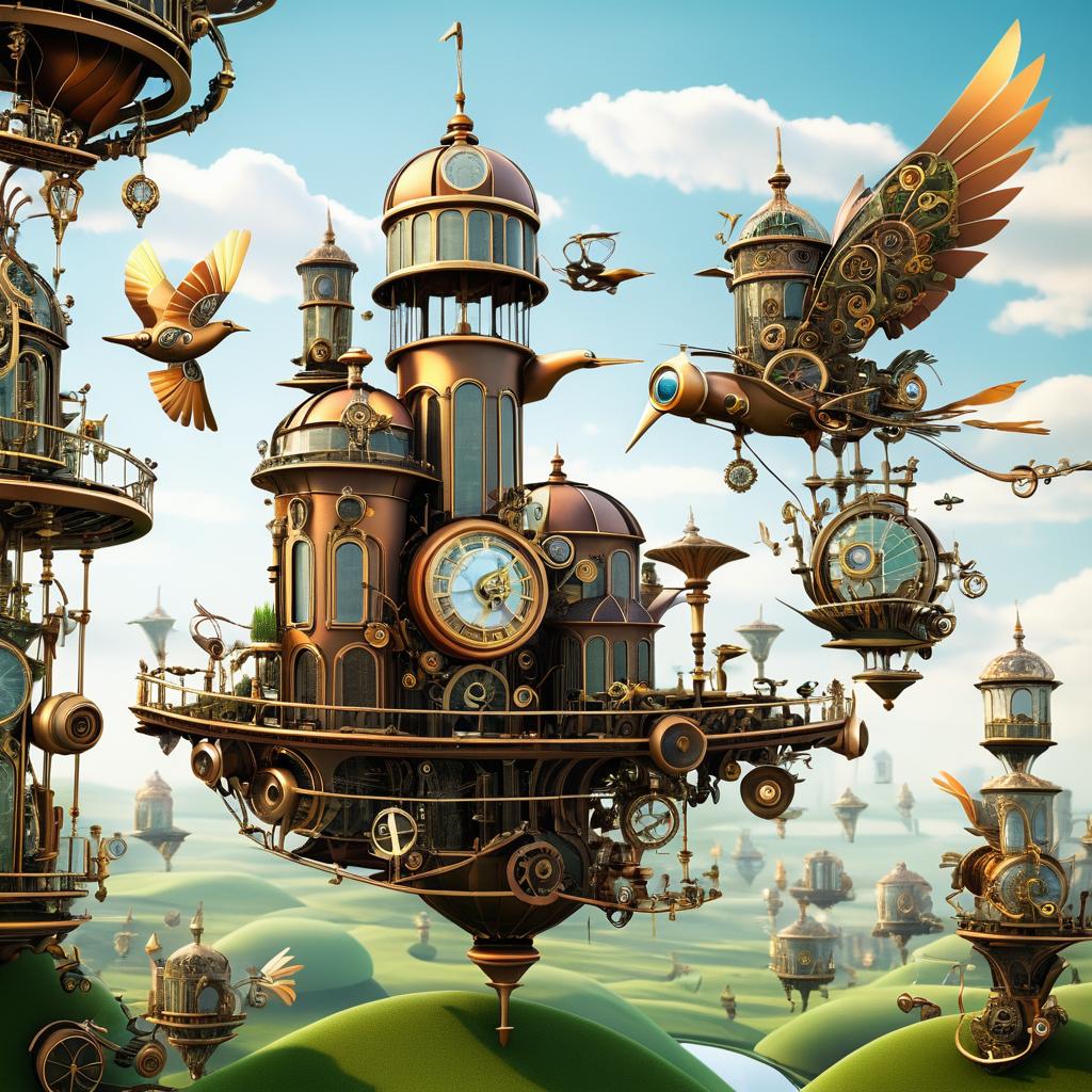 Whimsical Steampunk Landscape of Mechanical Birds