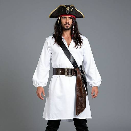 Photograph of a bearded man with long black hair, wearing a white pirate shirt, black belt, brown sash, black pants, and a