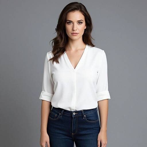 Photograph of a young woman with wavy brown hair, wearing a white V-neck blouse and dark blue jeans, against a plain gray background.