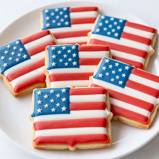 Photograph of seven star-shaped sugar cookies decorated with red, white, and blue icing to resemble the American flag, arranged on a white plate.